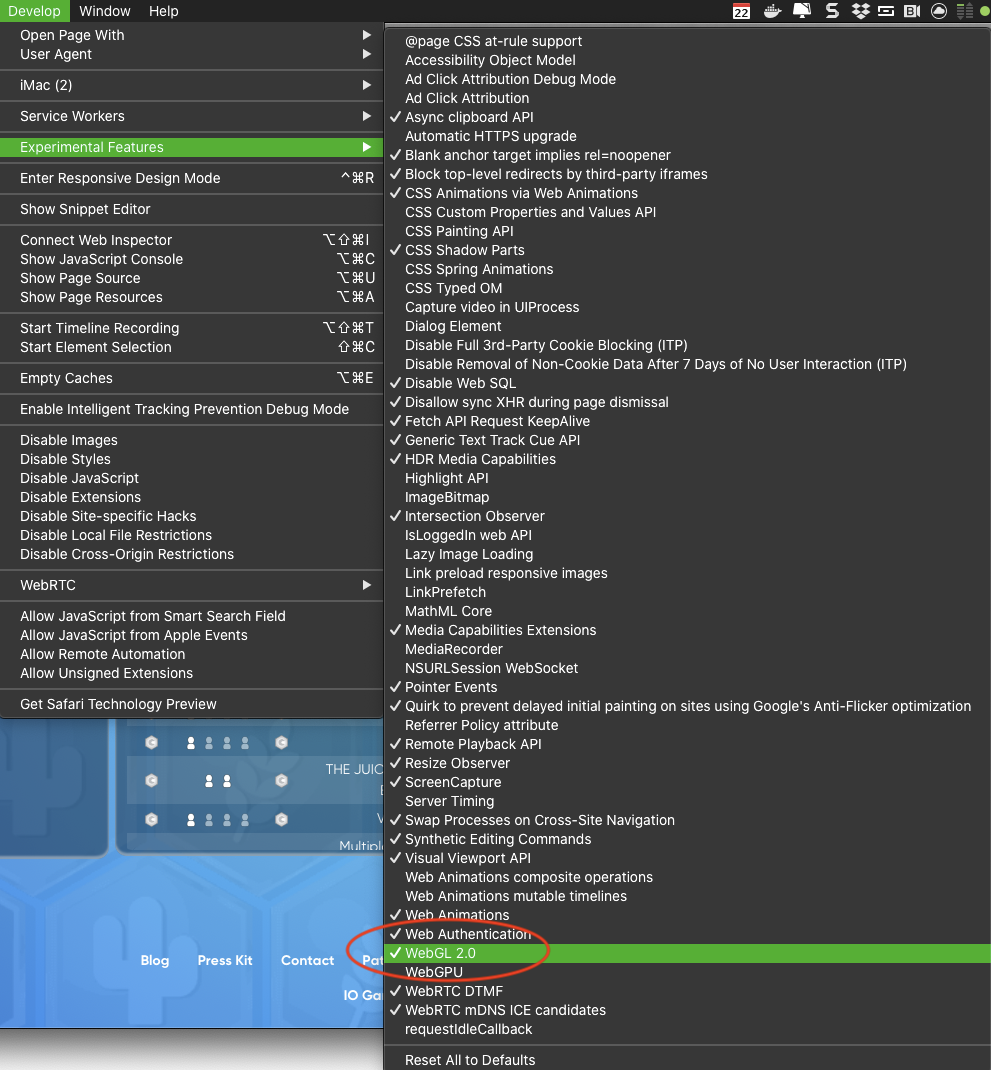 Develop -> Experimental Features -> WebGL 2.0