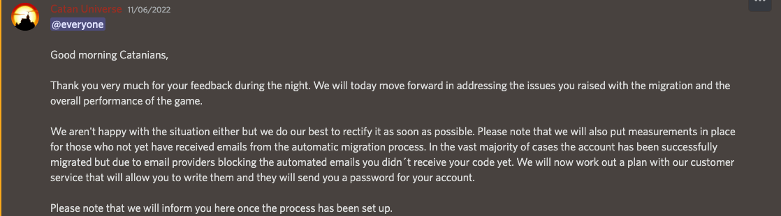 Catan Universe's discord account announces that the issues are still not fixed