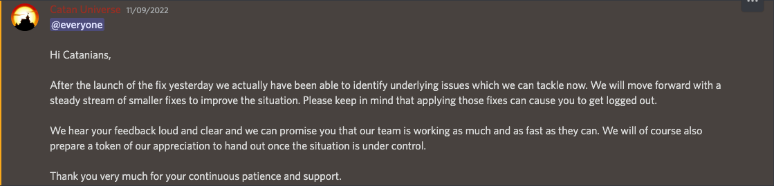 Catan Universe's discord account announces that the issues are still not fixed after almost a week
