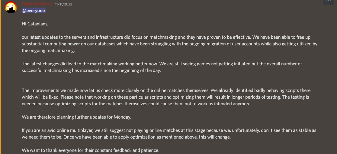 Catan Universe's discord account announces that the issues are still not fixed (Nov 11)