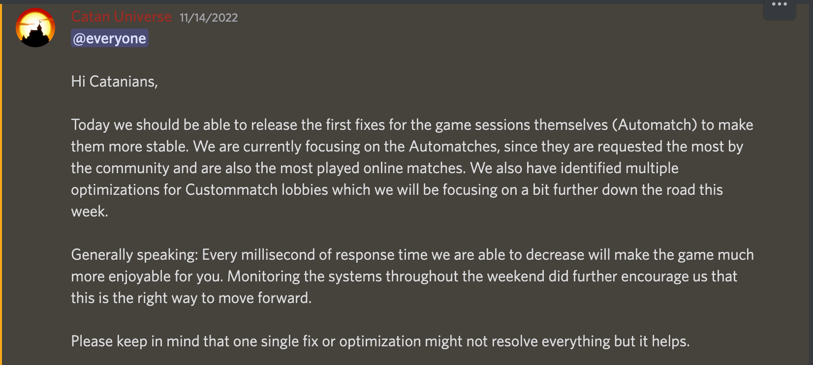 Catan Universe's discord account announces that the issues are being fixed (nov 14th)